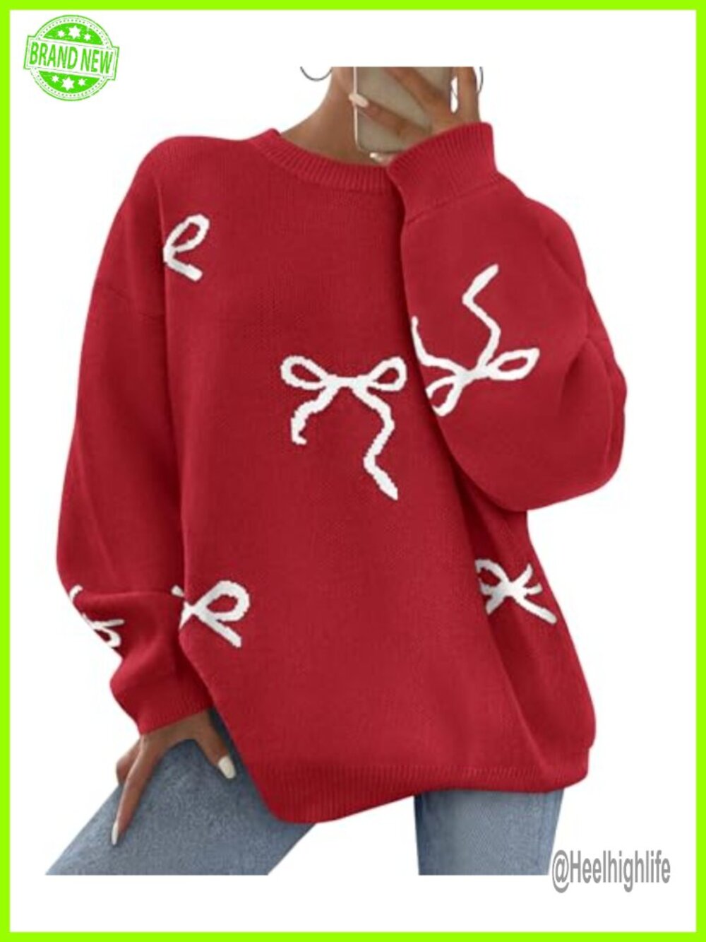 PRETTYGARDEN Women's Long Sleeve Bow Print Oversized Sweater Crew Neck Pullover